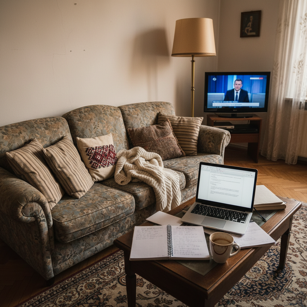 An overstuffed, slightly outdated living room sofa in a Croatian apartment, its patterned fabric gently faded, covered with a mix of mismatched cushions and a carefully folded woolen blanket. On the low coffee table in front, several open notebooks, a laptop with a half-written email visible on the screen, and a mug with a cold, untouched coffee ring suggest an ongoing work-from-home struggle. Late evening lamplight from a single floor lamp casts warm, intimate light, creating soft, elongated shadows. The television in the background glows faintly with a blurred news broadcast. Photographic realism, shot from a slightly elevated angle, emphasizing the blend of comfort, domestic chaos, and subtle satire about work-life balance.