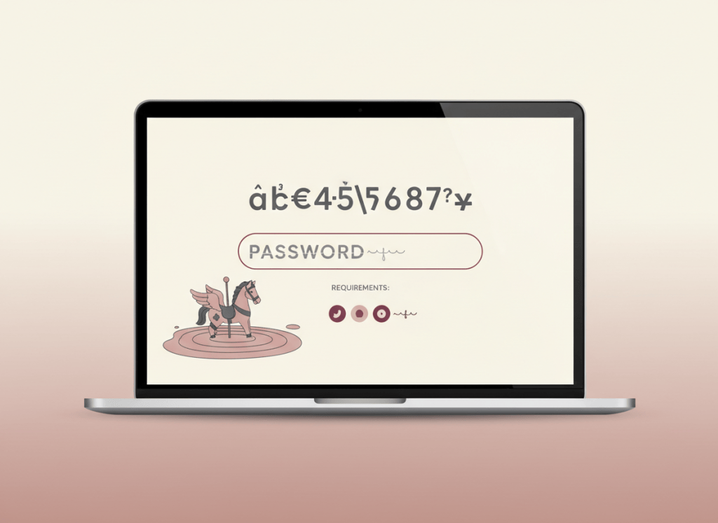 A sophisticated, witty editorial illustration for a Croatian satirical blog post about absurd password requirements: a laptop login screen with a password field, uppercase and lowercase letters, numbers, symbols, and a small surreal visual hint of childhood trauma represented abstractly and tastefully. Elegant muted pastel palette with soft pink, cream, charcoal, and burgundy accents; clean magazine-style composition, subtle humor, no readable text, no logos, no real people.
