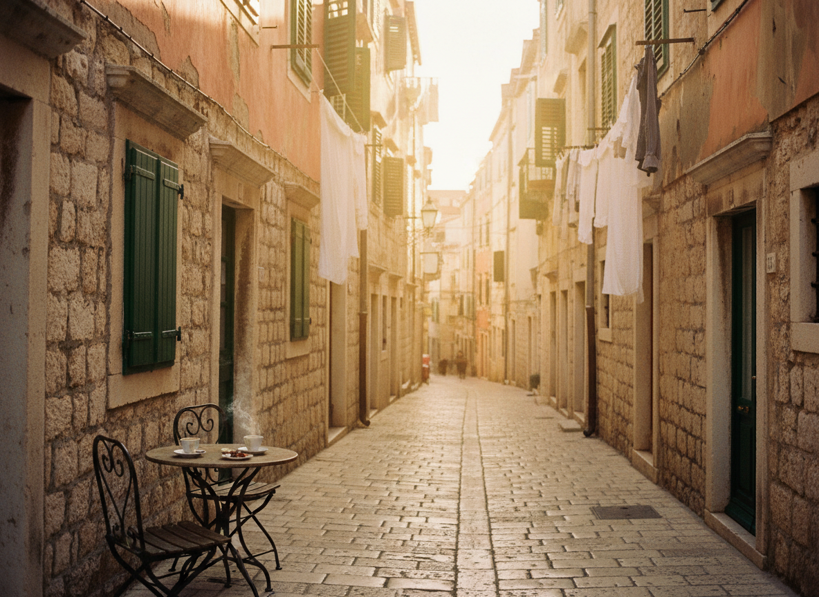 Warm, editorial photograph of a sun-washed Dalmatian coastal town street with weathered stone facades, green shutters and laundry hanging between old buildings in golden afternoon light.